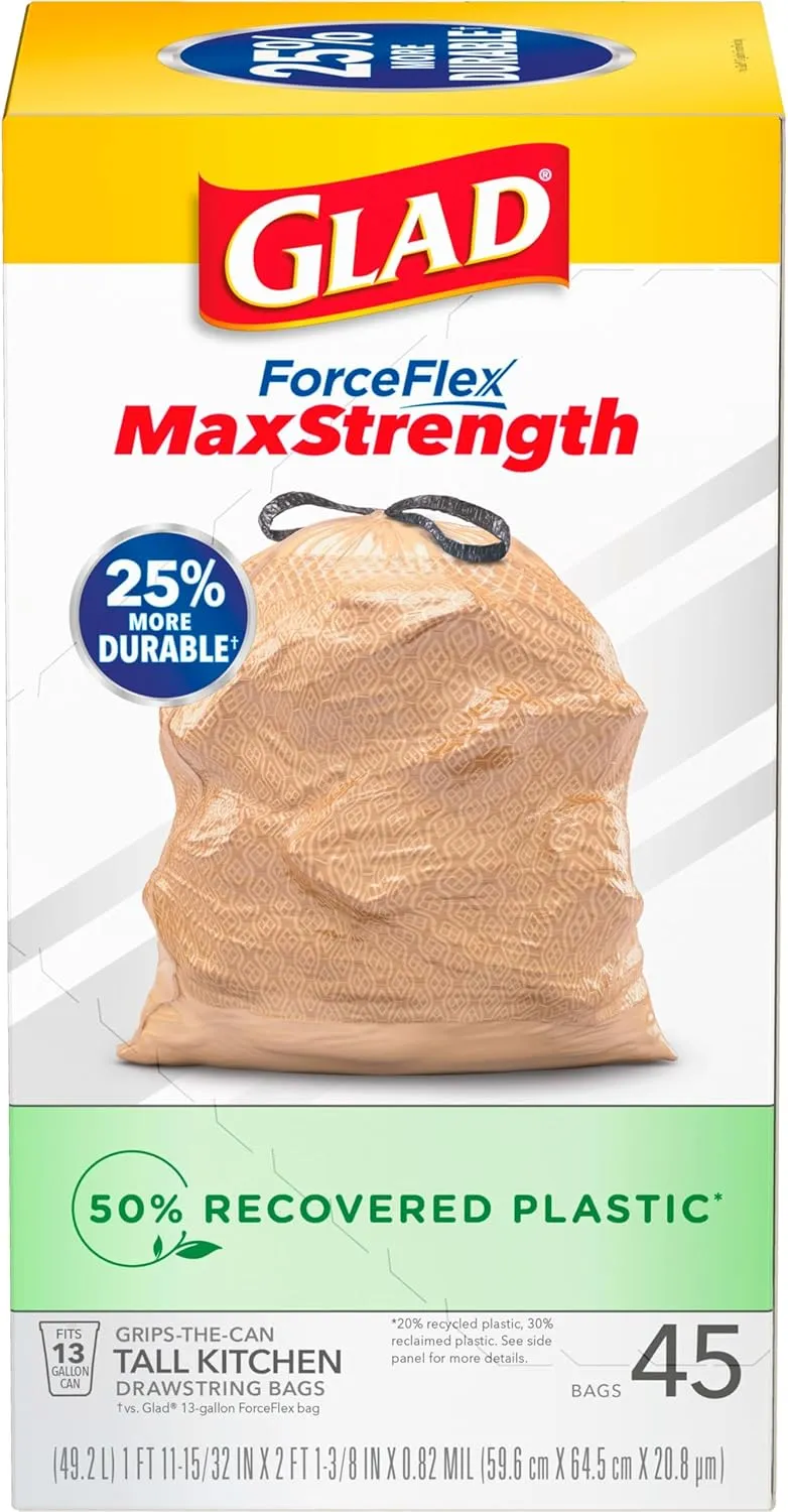 Glad ForceFlex MaxStrength Kitchen Trash Bags, 13 Gal, 45 Ct (Package May Vary)