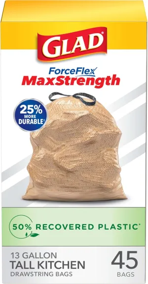 Glad ForceFlex MaxStrength Kitchen Trash Bags, 13 Gal, 45 Ct (Package May Vary)