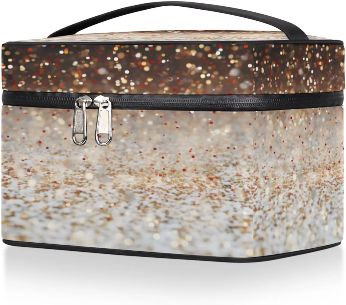 Glitter Makeup Bag Organizer Toiletry Bag Vanity Case Gold Sequin Portable Cosmetics Make Up Bag Zipper Pouch Case Organizer Waterproof Travel Toiletry Storage Bag for Women