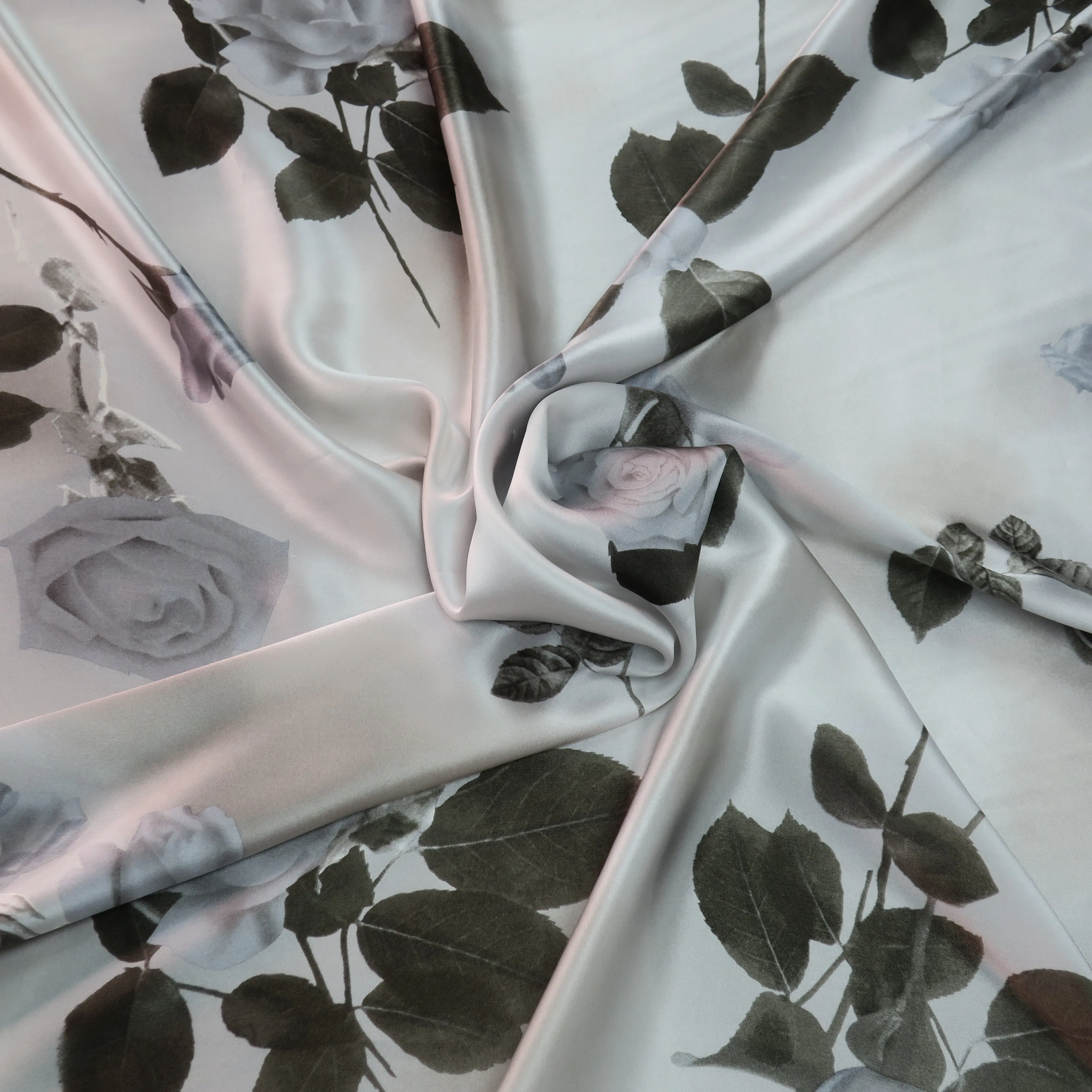 Grey Roses on Silver Ground Silk Charmeuse Fabric