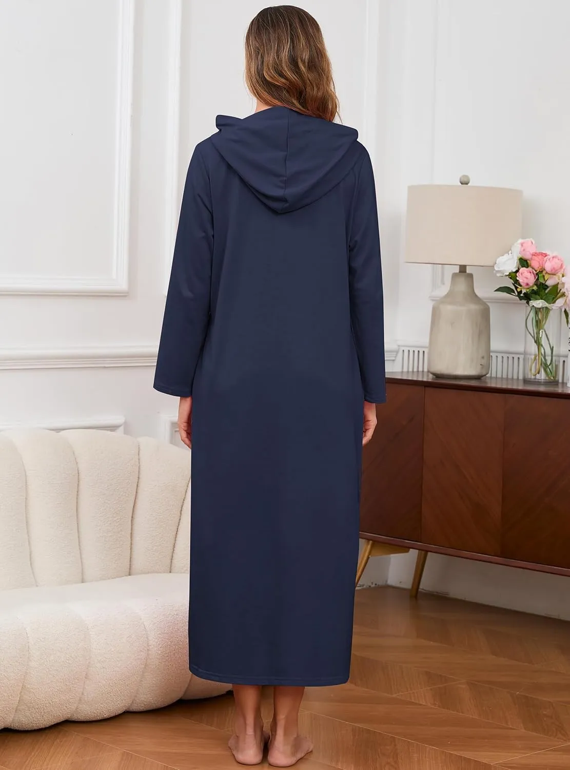 HALCYEEN Womens Hooded Zipper Bathrobe Long Sleeve House Coat Full Length Nightgown with Pockets S-XXL
