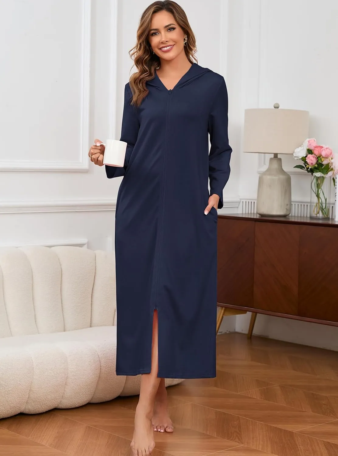 HALCYEEN Womens Hooded Zipper Bathrobe Long Sleeve House Coat Full Length Nightgown with Pockets S-XXL