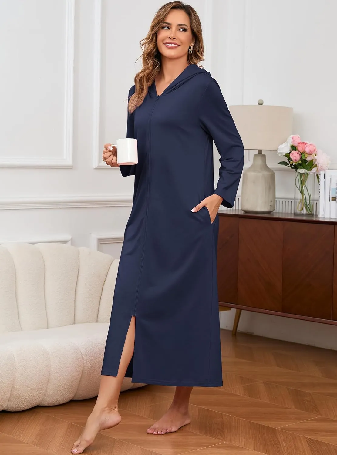 HALCYEEN Womens Hooded Zipper Bathrobe Long Sleeve House Coat Full Length Nightgown with Pockets S-XXL