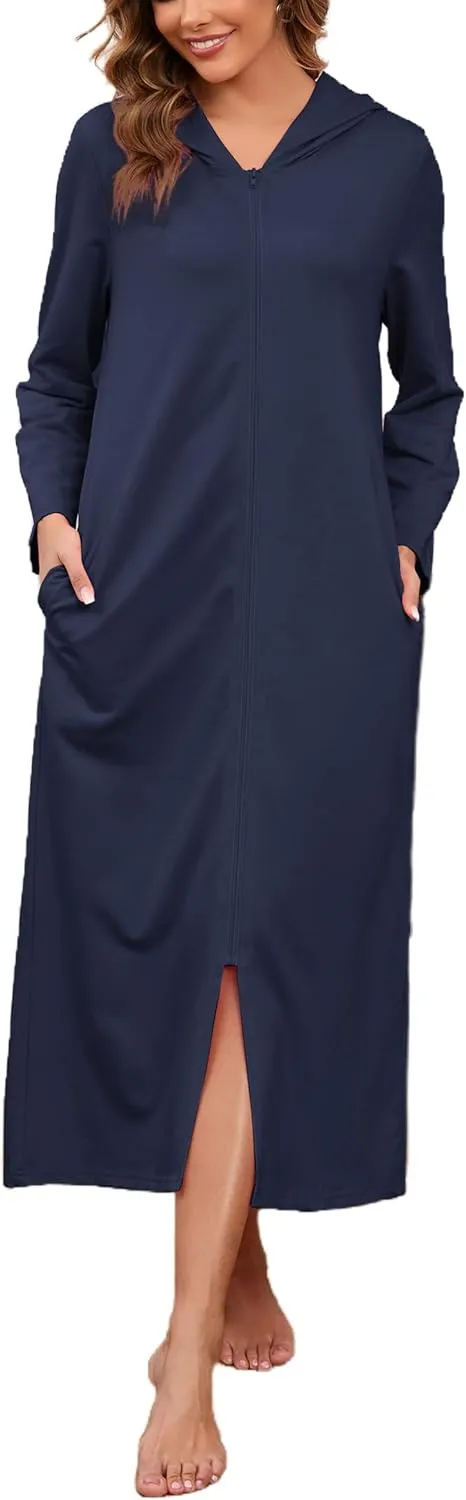 HALCYEEN Womens Hooded Zipper Bathrobe Long Sleeve House Coat Full Length Nightgown with Pockets S-XXL