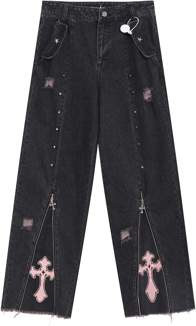 Harajuku Fashion High Waist Baggy Jeans Gothic Y2K Vintage Zipper Casual Straight Leg Wide Leg Denim Pants