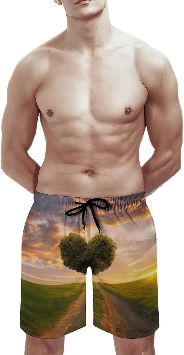 Heart Shape Tree In Sunset Men's Swim Trunks Quick Dry Board Shorts Breathable Summer Beach Shorts Bathing Suits