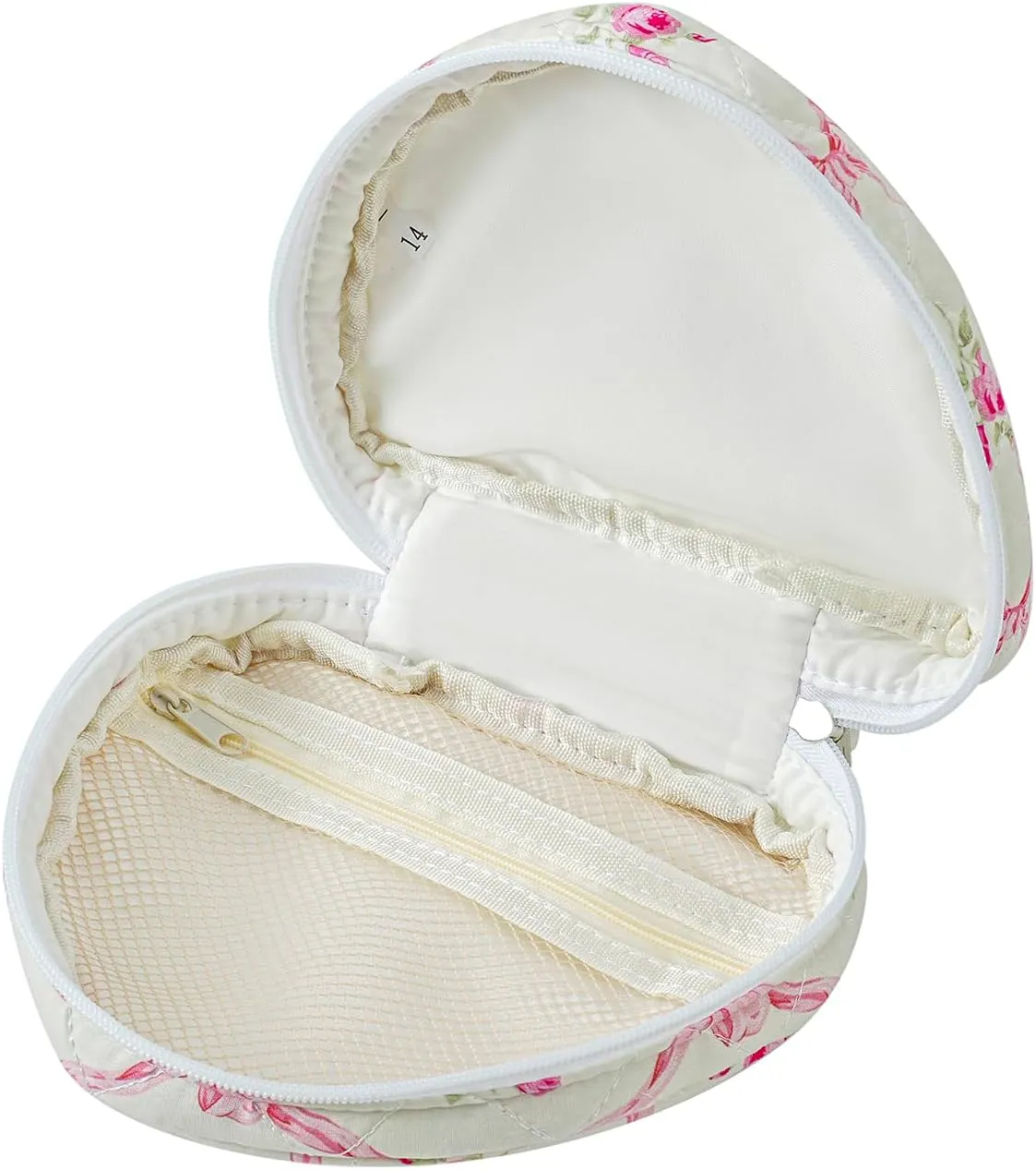 Heart Shaped Floral Cosmetic Bag Cotton Makeup Bag for Women, Travel Quilted Zipper Make Up Bag with Handle, Flowers Toiletry Organizer Case Makeup Cosmetic Travel Cloth Pouch (Pink Bowknot)
