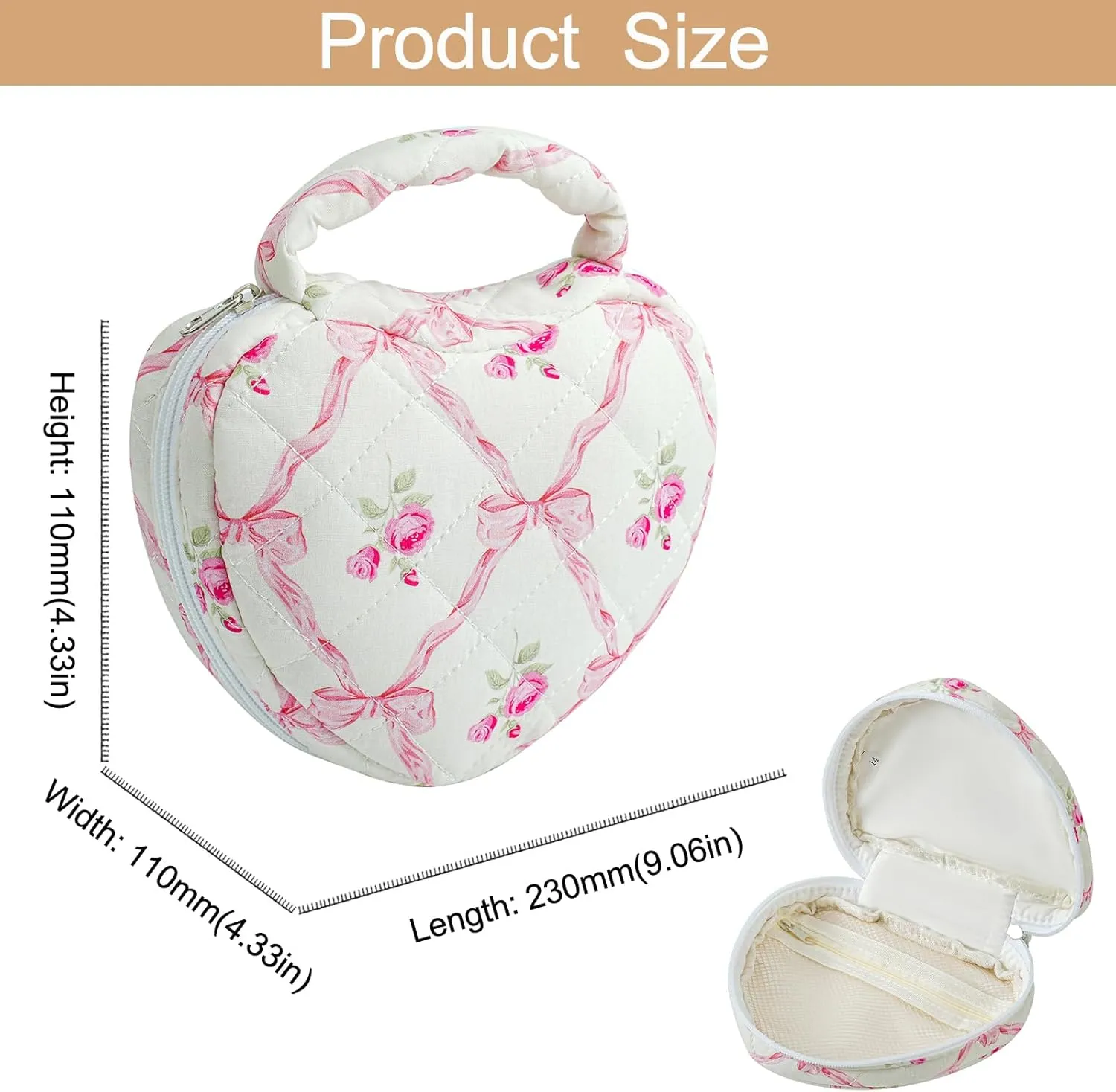 Heart Shaped Floral Cosmetic Bag Cotton Makeup Bag for Women, Travel Quilted Zipper Make Up Bag with Handle, Flowers Toiletry Organizer Case Makeup Cosmetic Travel Cloth Pouch (Pink Bowknot)