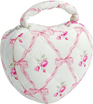 Heart Shaped Floral Cosmetic Bag Cotton Makeup Bag for Women, Travel Quilted Zipper Make Up Bag with Handle, Flowers Toiletry Organizer Case Makeup Cosmetic Travel Cloth Pouch (Pink Bowknot)