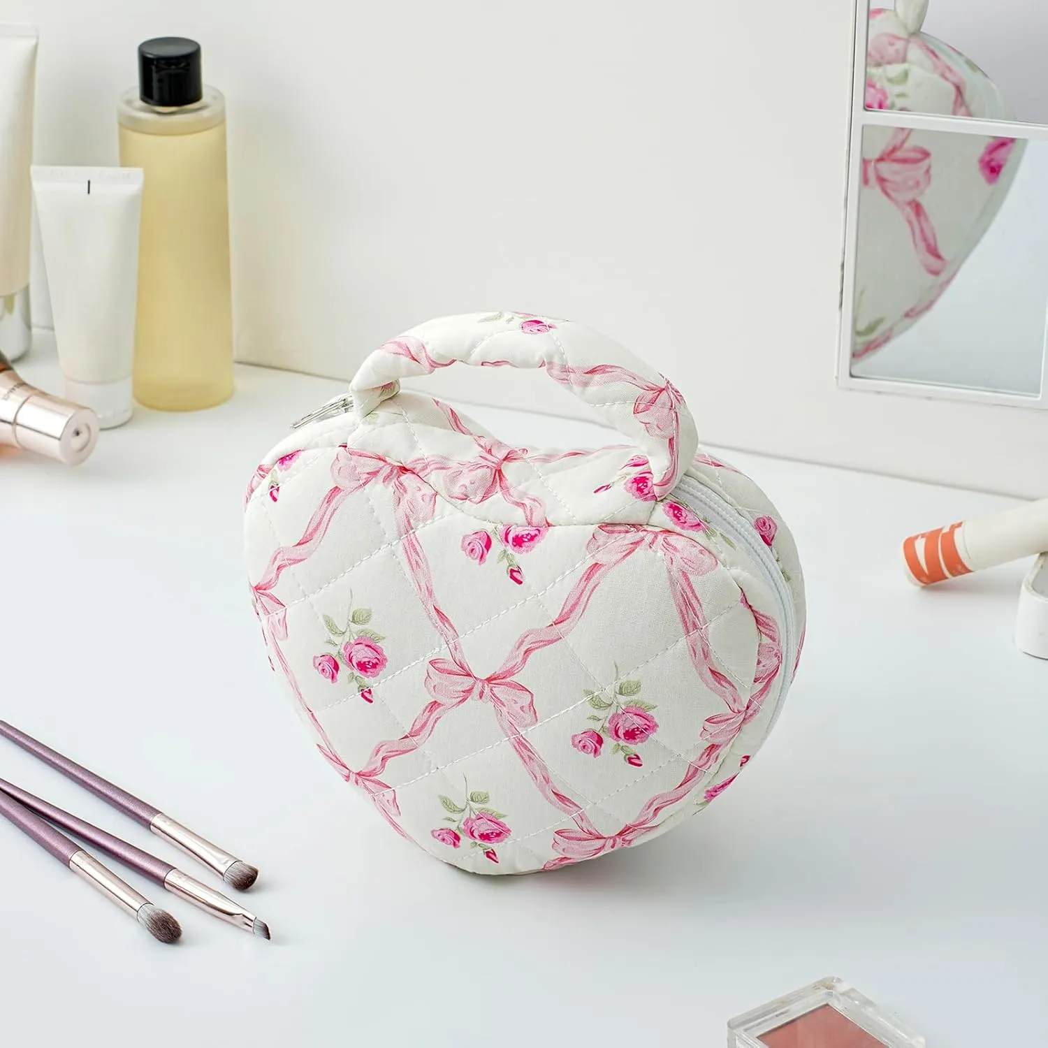 Heart Shaped Floral Cosmetic Bag Cotton Makeup Bag for Women, Travel Quilted Zipper Make Up Bag with Handle, Flowers Toiletry Organizer Case Makeup Cosmetic Travel Cloth Pouch (Pink Bowknot)