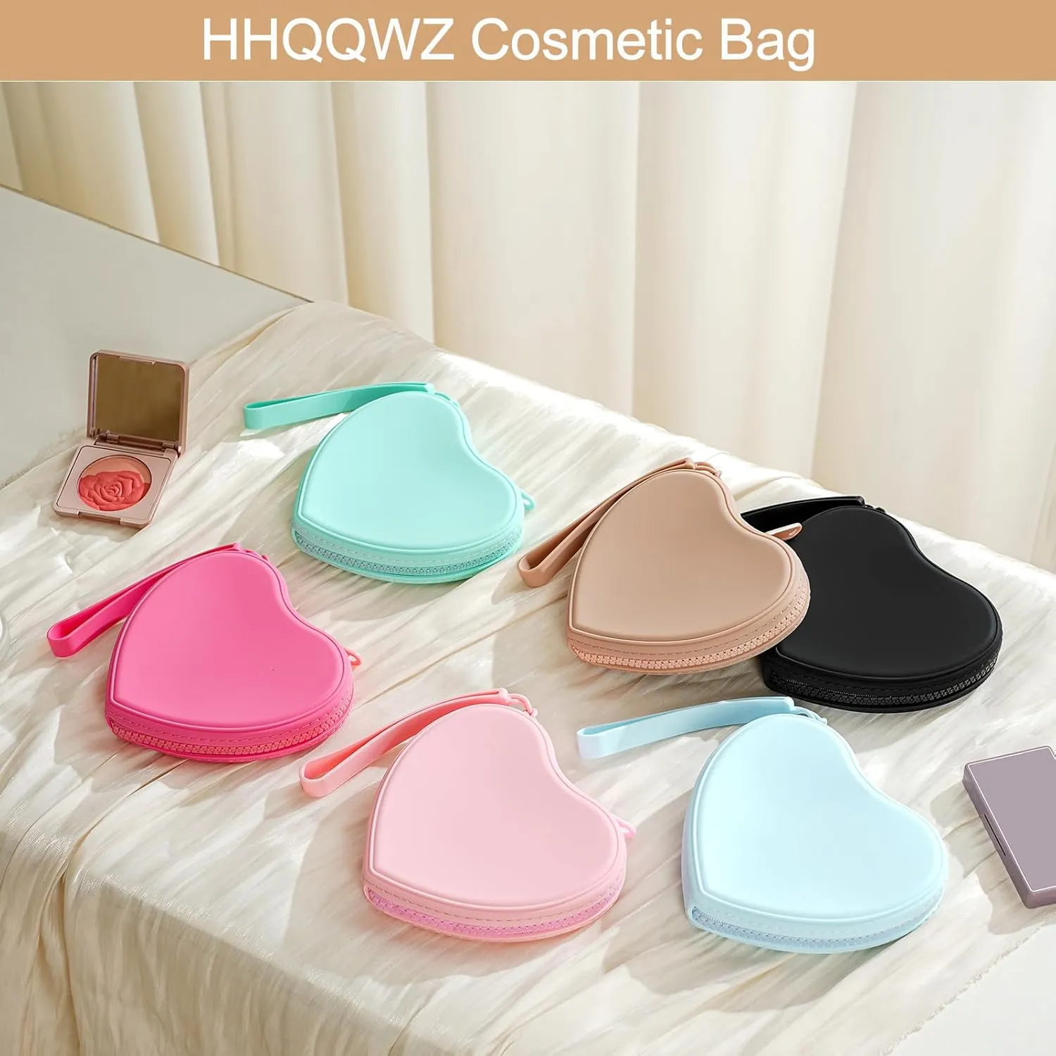 Heart Shaped Portable Silicone Makeup Bag for Women Girls, Small Travel Lovely Waterproof Toiletry Cosmetic Bag, Zipper Closure Organizer Heart Makeup Case with Handle (Pink)
