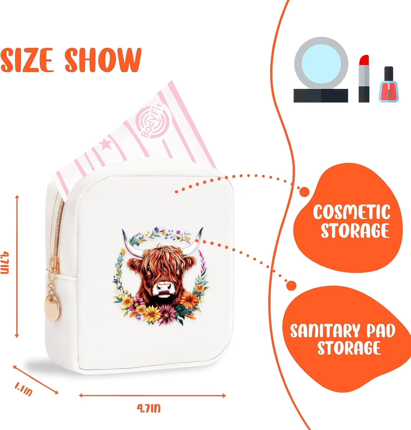 Highland Cow Mini Makeup Bag, Cow Gift For Women Girls, Cute Portable Zipper Pouch Cosmetic Bag For Teen Girls Kids, Small Storage Bag For Sanitary Pad, Period napkin bag!