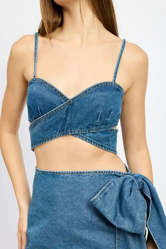 Hot Girl Demi Couture Wrap Detail Denim Crop Top