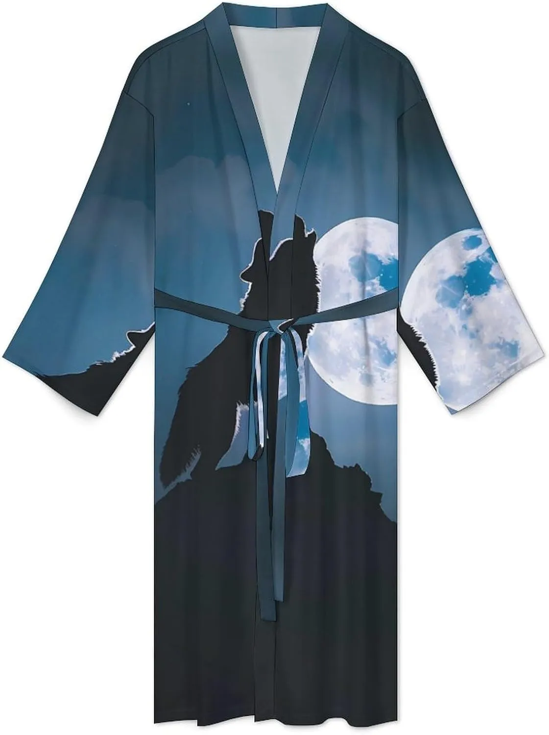 Howling Wolf Men's Bathrobes Long Sleeve Loungewear Soft Sleepwear V Neck Nightgown