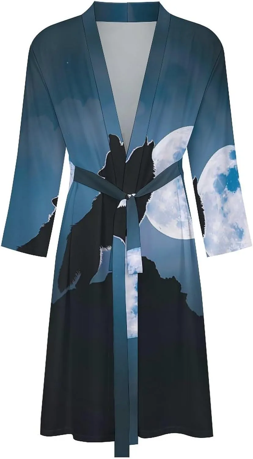 Howling Wolf Men's Bathrobes Long Sleeve Loungewear Soft Sleepwear V Neck Nightgown