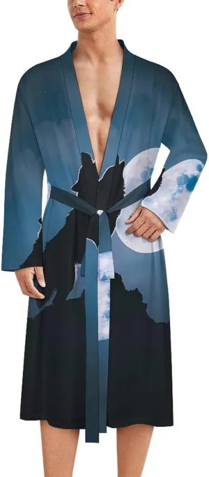 Howling Wolf Men's Bathrobes Long Sleeve Loungewear Soft Sleepwear V Neck Nightgown
