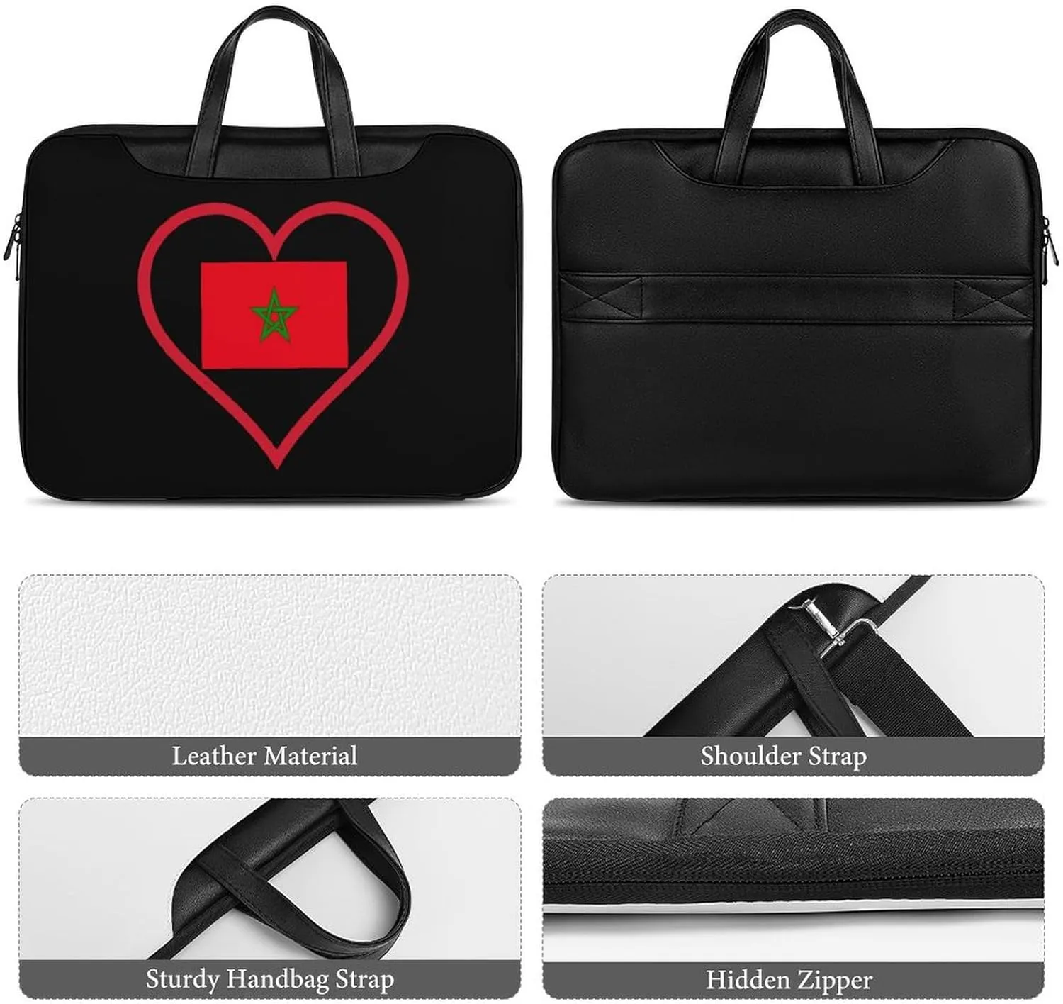 I Love Morocco Red Heart Leather Bag Laptop Case Slim Water Resistant Computer Bags with Handle Briefcase for Work