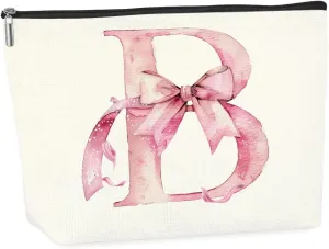 Initial Makeup Bag, Monogram Bow Travel Toiletry Bag, Make Up Bag, Personalized Preppy Cosmetic Bag, Toiletry Bag Makeup Pouch Bag for Purse, Birthday Gifts for Women (Pink,B)