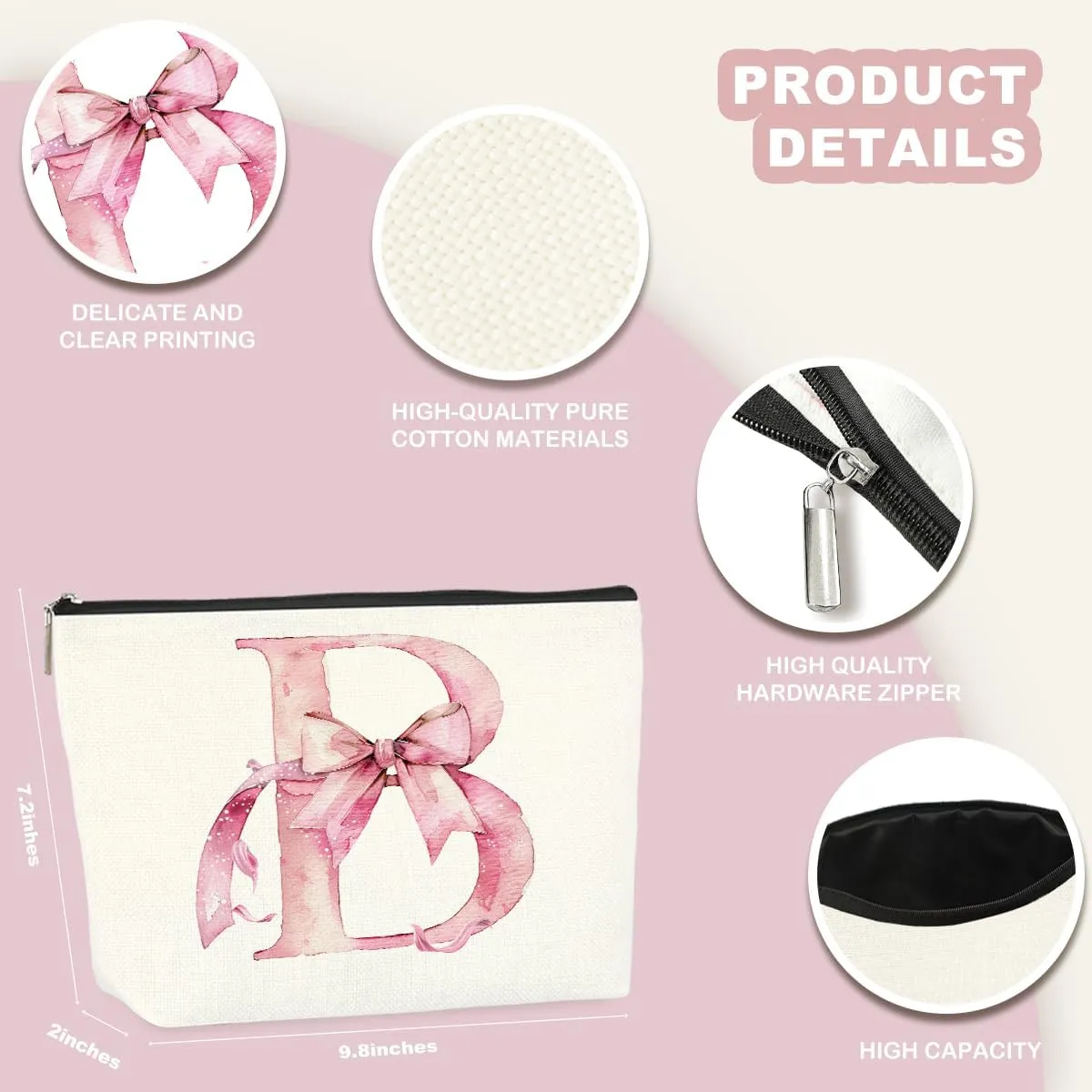 Initial Makeup Bag, Monogram Bow Travel Toiletry Bag, Make Up Bag, Personalized Preppy Cosmetic Bag, Toiletry Bag Makeup Pouch Bag for Purse, Birthday Gifts for Women (Pink,B)