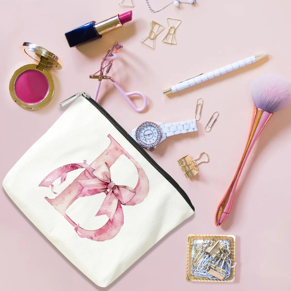 Initial Makeup Bag, Monogram Bow Travel Toiletry Bag, Make Up Bag, Personalized Preppy Cosmetic Bag, Toiletry Bag Makeup Pouch Bag for Purse, Birthday Gifts for Women (Pink,B)