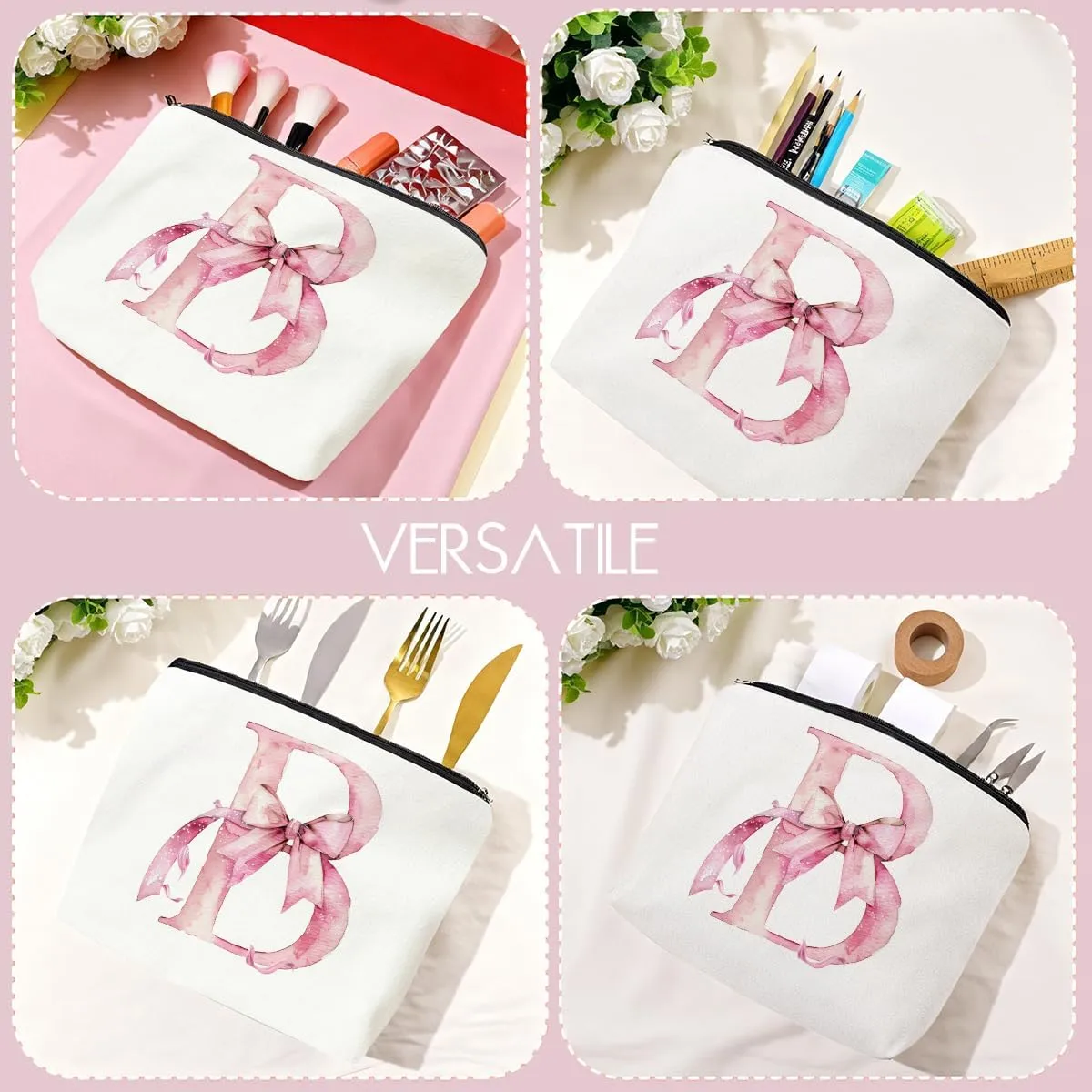 Initial Makeup Bag, Monogram Bow Travel Toiletry Bag, Make Up Bag, Personalized Preppy Cosmetic Bag, Toiletry Bag Makeup Pouch Bag for Purse, Birthday Gifts for Women (Pink,B)