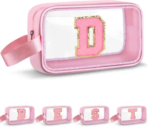 Initial Makeup Bag,Letter D Cute Clear Monogrammed Cosmetic Travel Bag for Womens Girls,Personalized Pink Aesthetic Traveling Make Up Organizer Bag for Beach,Waterproof Toiletry Bag