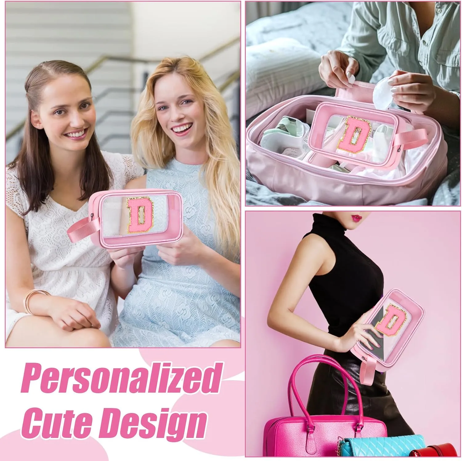 Initial Makeup Bag,Letter D Cute Clear Monogrammed Cosmetic Travel Bag for Womens Girls,Personalized Pink Aesthetic Traveling Make Up Organizer Bag for Beach,Waterproof Toiletry Bag