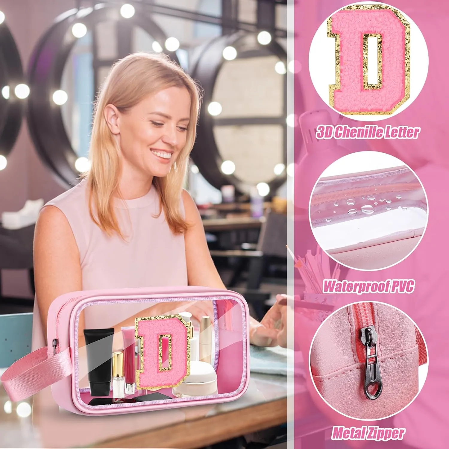 Initial Makeup Bag,Letter D Cute Clear Monogrammed Cosmetic Travel Bag for Womens Girls,Personalized Pink Aesthetic Traveling Make Up Organizer Bag for Beach,Waterproof Toiletry Bag