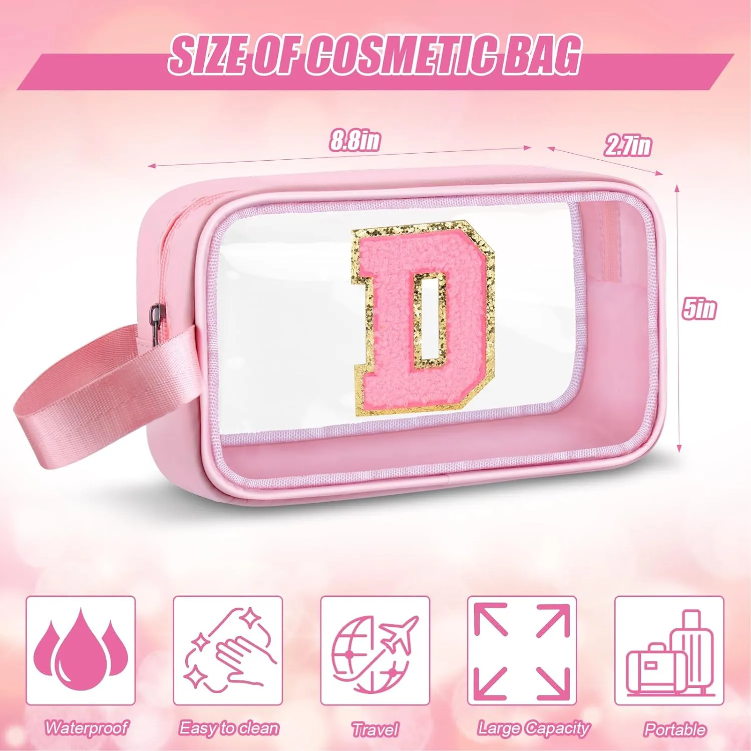Initial Makeup Bag,Letter D Cute Clear Monogrammed Cosmetic Travel Bag for Womens Girls,Personalized Pink Aesthetic Traveling Make Up Organizer Bag for Beach,Waterproof Toiletry Bag