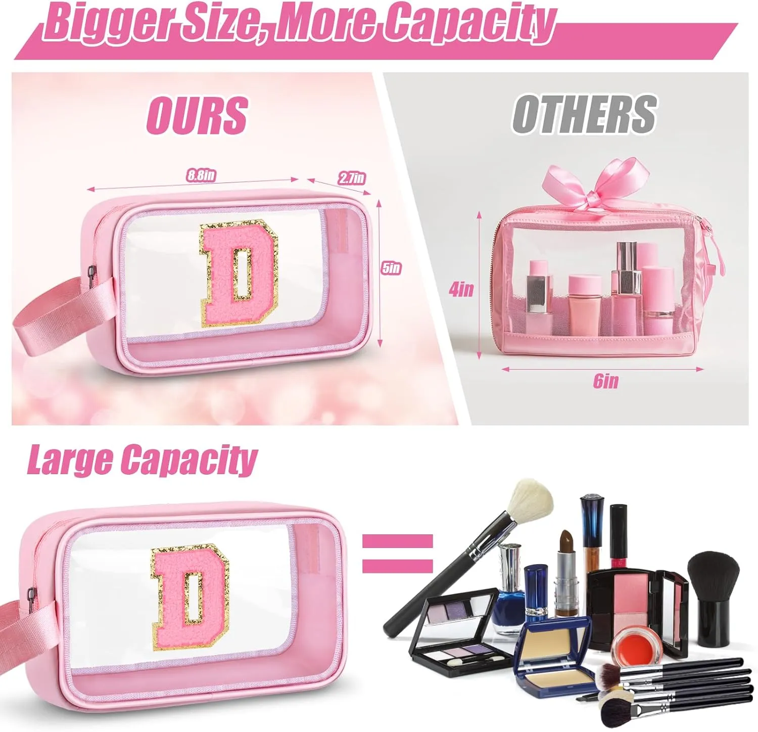 Initial Makeup Bag,Letter D Cute Clear Monogrammed Cosmetic Travel Bag for Womens Girls,Personalized Pink Aesthetic Traveling Make Up Organizer Bag for Beach,Waterproof Toiletry Bag