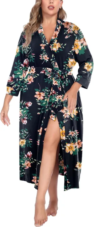 IN'VOLAND Womens Plus Size Kimono Robes Long Knit Bathrobe V Neck Ladies Loungewear Lightweight Soft Sleepwear 1X-5X