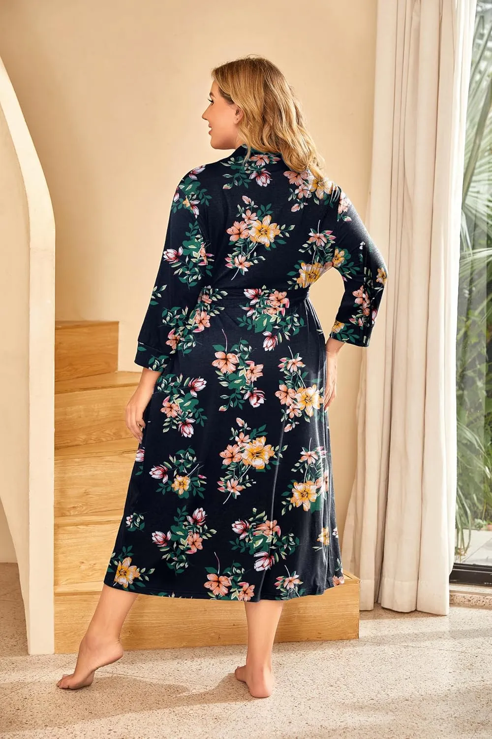 IN'VOLAND Womens Plus Size Kimono Robes Long Knit Bathrobe V Neck Ladies Loungewear Lightweight Soft Sleepwear 1X-5X