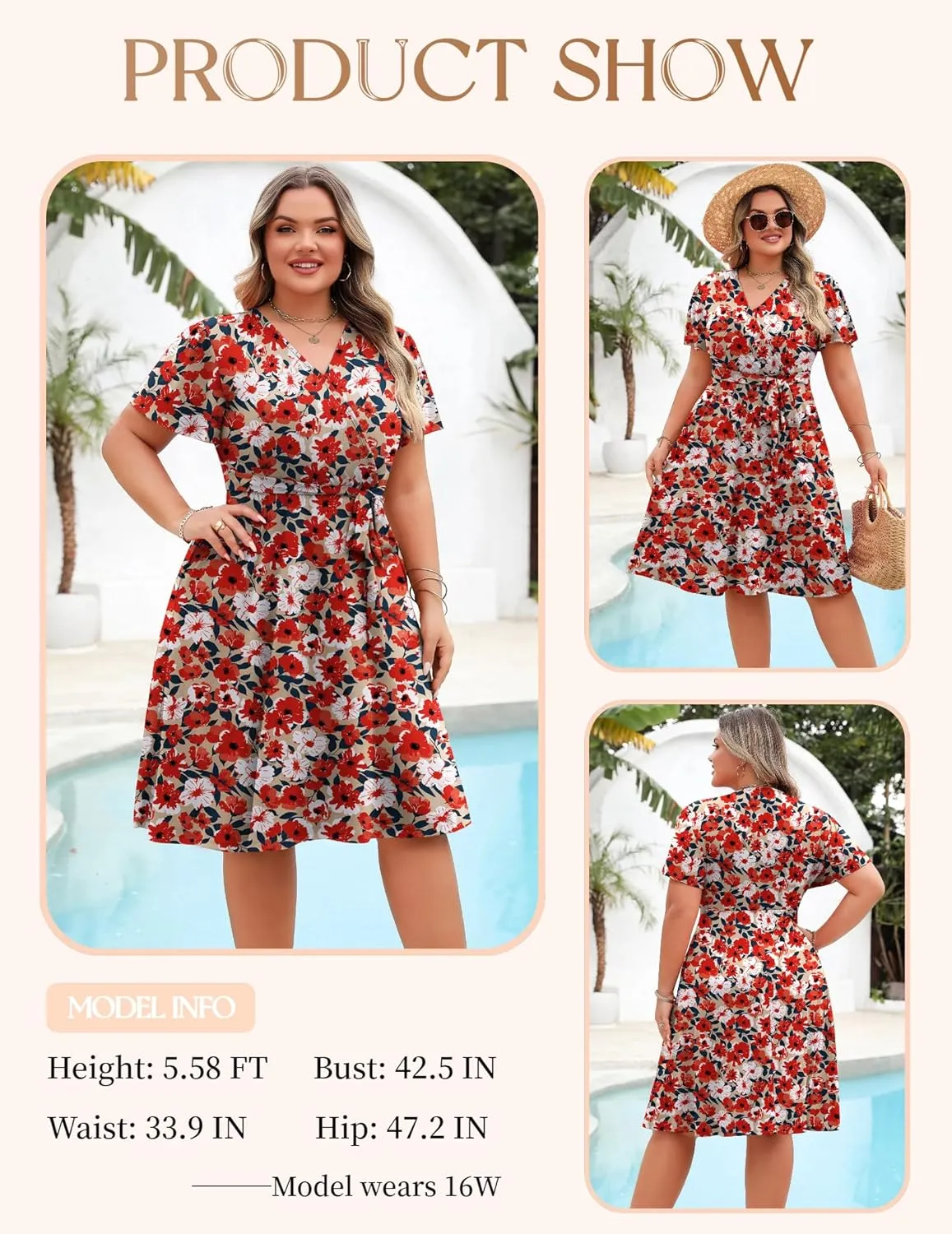 IN'VOLAND Women's Plus Size V Neck Knee Length Dress Casual Floral Dresses Summer Short Sleeve Sundress with Pockets