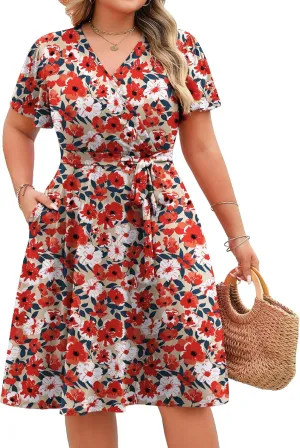 IN'VOLAND Women's Plus Size V Neck Knee Length Dress Casual Floral Dresses Summer Short Sleeve Sundress with Pockets