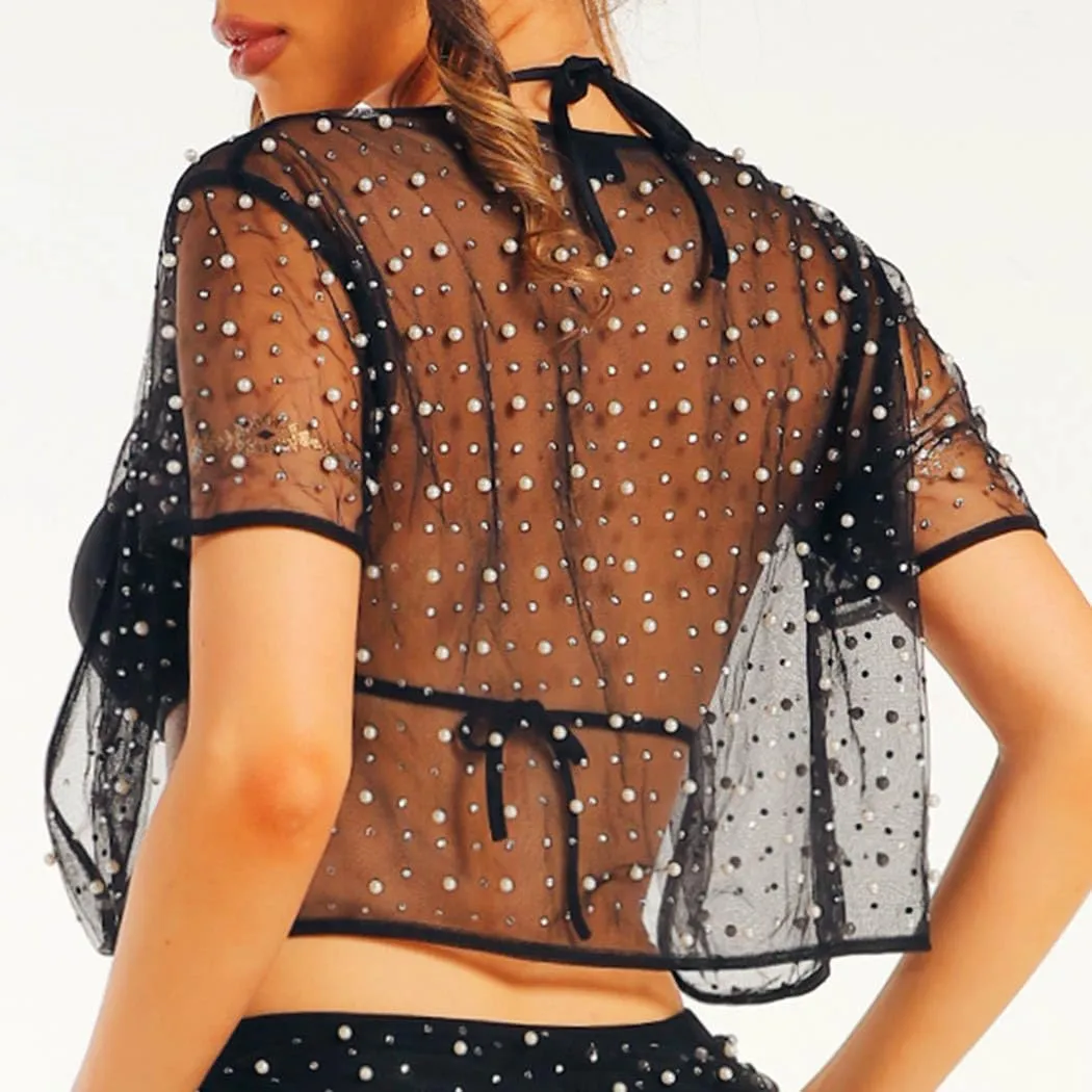 JAKAWIN Pearl Wedding Bolero Shrug Rhinestone Short Sleeve Mesh Cropped Cardigan for Women