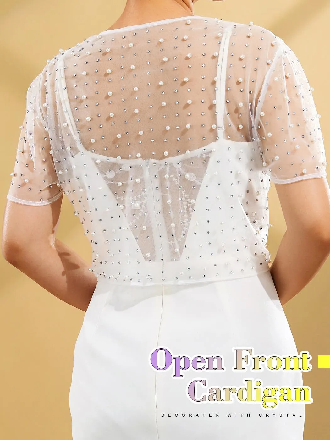 JAKAWIN Pearl Wedding Bolero Shrug Rhinestone Short Sleeve Mesh Cropped Cardigan for Women