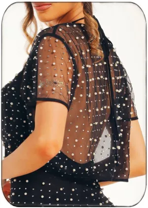 JAKAWIN Pearl Wedding Bolero Shrug Rhinestone Short Sleeve Mesh Cropped Cardigan for Women