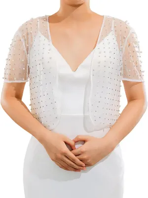 JAKAWIN Pearl Wedding Bolero Shrug Rhinestone Short Sleeve Mesh Cropped Cardigan for Women
