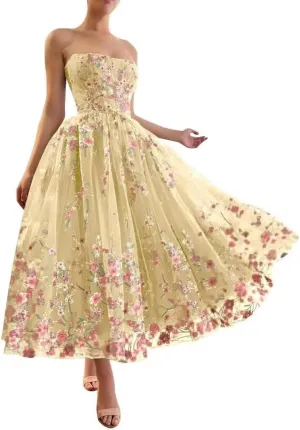Jamille Tea Length Prom Dress with Pocket Strapless Dloral Gown Ball Gowns Tulle Formal Evening Dress Sleeveless JA0011