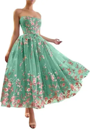 Jamille Tea Length Prom Dress with Pocket Strapless Dloral Gown Ball Gowns Tulle Formal Evening Dress Sleeveless JA0011