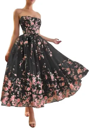 Jamille Tea Length Prom Dress with Pocket Strapless Dloral Gown Ball Gowns Tulle Formal Evening Dress Sleeveless JA0011