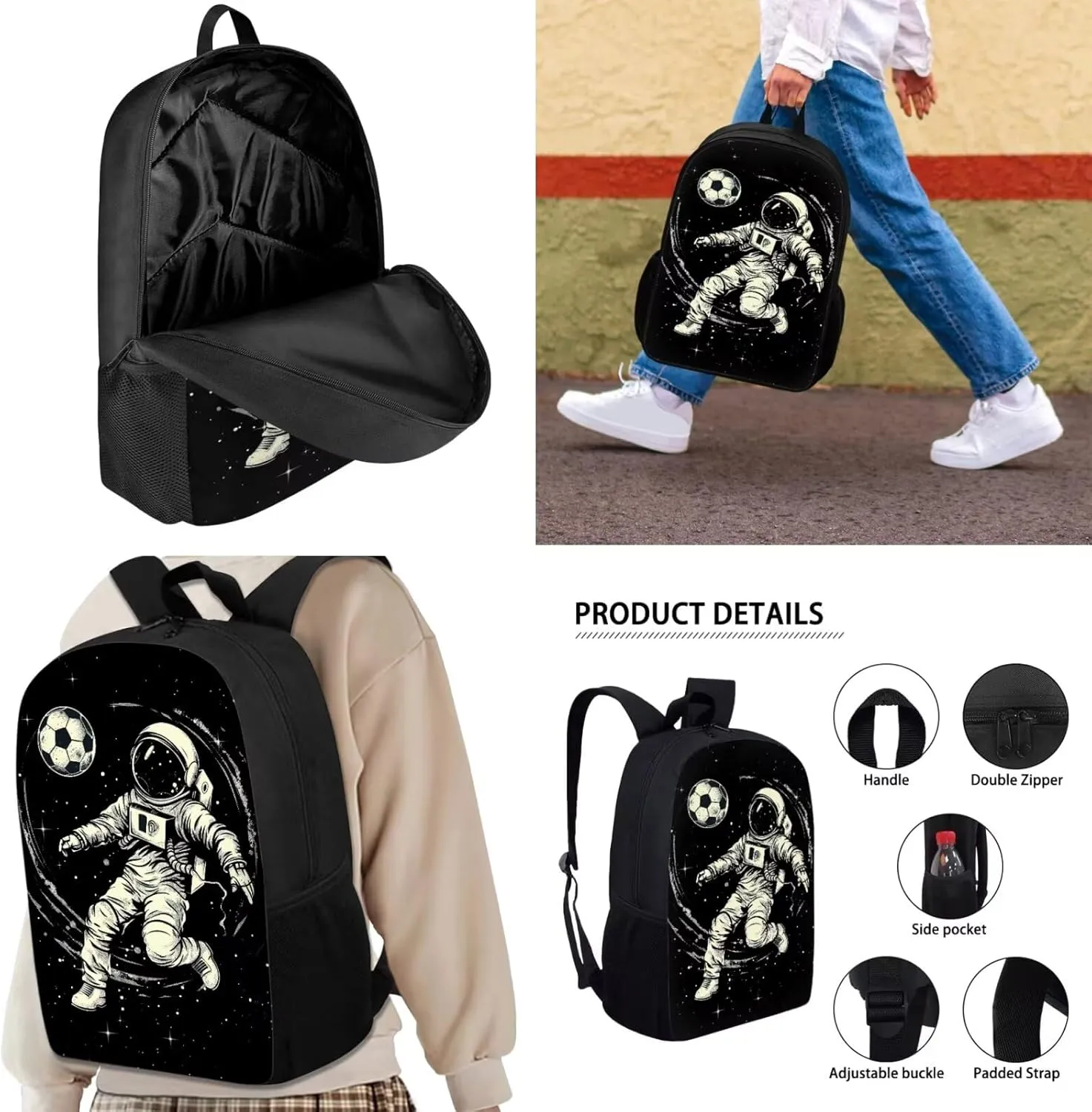 JHQFWMFJ 3 in 1 Astronaut Backpack for Boys Basketball Bookbag and Lunch Box for Kids Age 10-12 Cool Pencil Case Large Capacity Backpack for School Thermal Insulated Lunch Bag for Kids