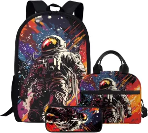 JHQFWMFJ 3 Piece Backpack Set for Boys Astronaut Backpack for Boys Lunch Bag and Pencil Case Set Cool Pencil Pouch Lightweight Bookbag for School Travel