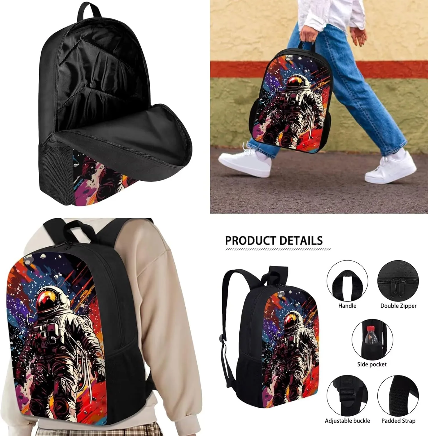 JHQFWMFJ 3 Piece Backpack Set for Boys Astronaut Backpack for Boys Lunch Bag and Pencil Case Set Cool Pencil Pouch Lightweight Bookbag for School Travel