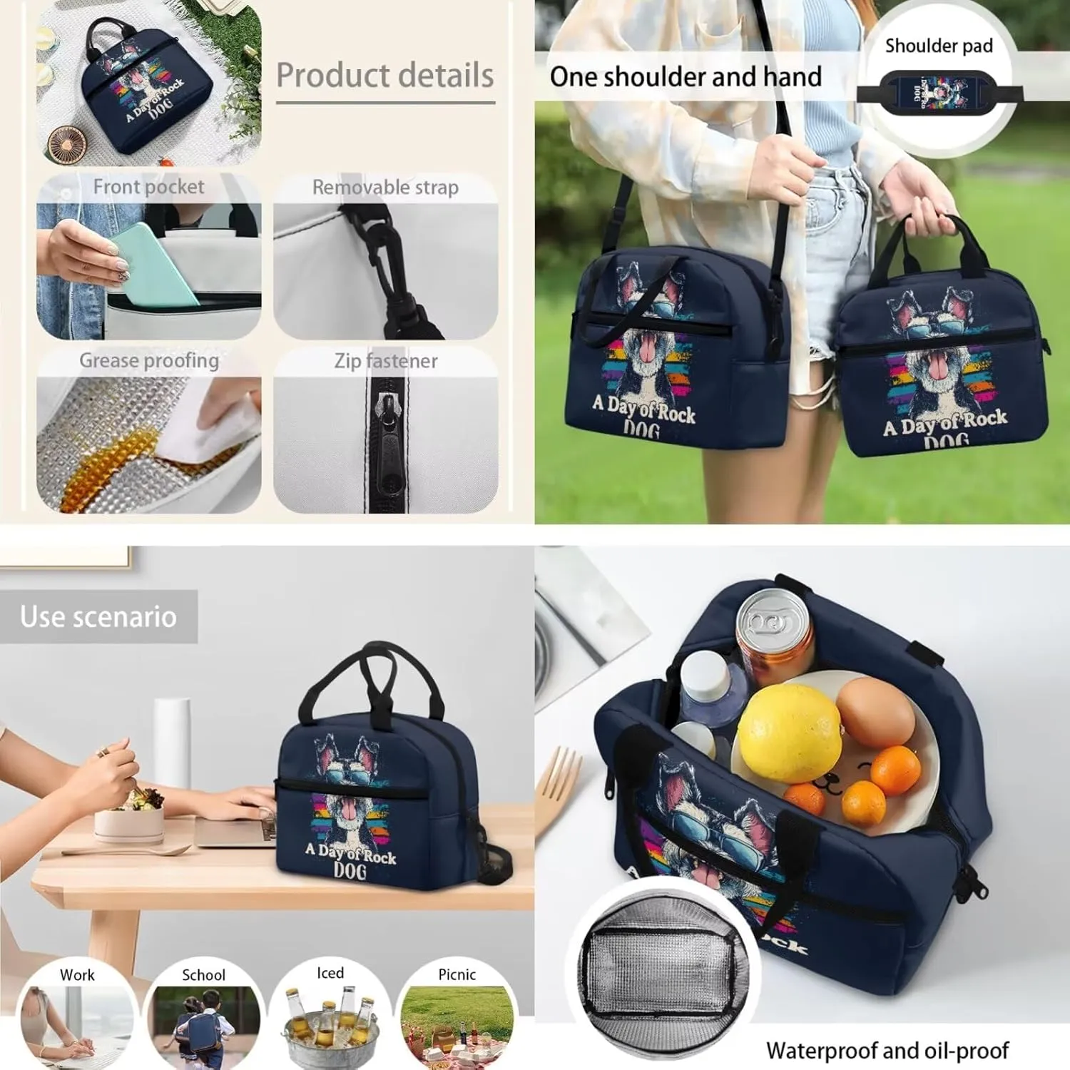 JHQFWMFJ Rock Dog Print Backpacks with Lunch Box Cool Pencil Case School Bag Set Large Capacity Pencil Case Thermal Insulated Lunch Bag School Supplies for Kids