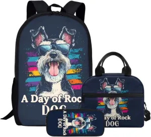 JHQFWMFJ Rock Dog Print Backpacks with Lunch Box Cool Pencil Case School Bag Set Large Capacity Pencil Case Thermal Insulated Lunch Bag School Supplies for Kids