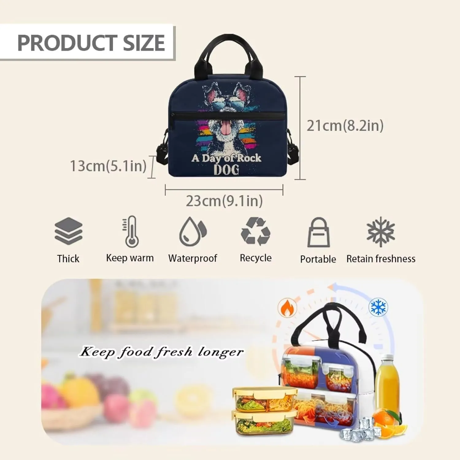 JHQFWMFJ Rock Dog Print Backpacks with Lunch Box Cool Pencil Case School Bag Set Large Capacity Pencil Case Thermal Insulated Lunch Bag School Supplies for Kids