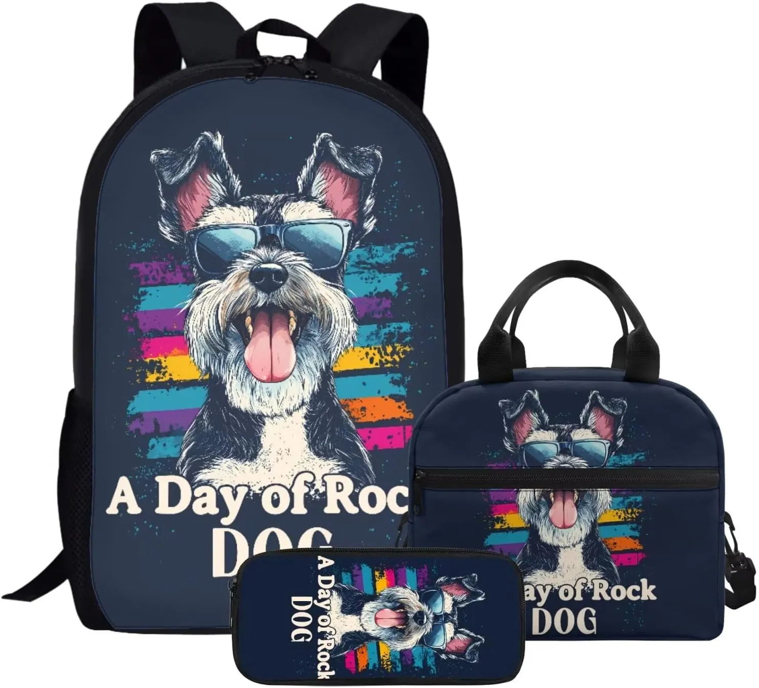 JHQFWMFJ Rock Dog Print Backpacks with Lunch Box Cool Pencil Case School Bag Set Large Capacity Pencil Case Thermal Insulated Lunch Bag School Supplies for Kids