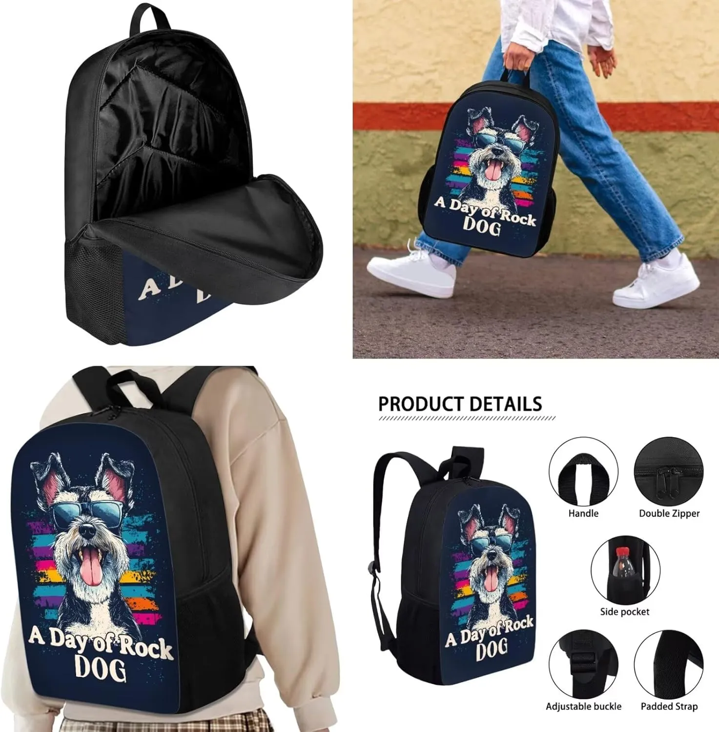 JHQFWMFJ Rock Dog Print Backpacks with Lunch Box Cool Pencil Case School Bag Set Large Capacity Pencil Case Thermal Insulated Lunch Bag School Supplies for Kids