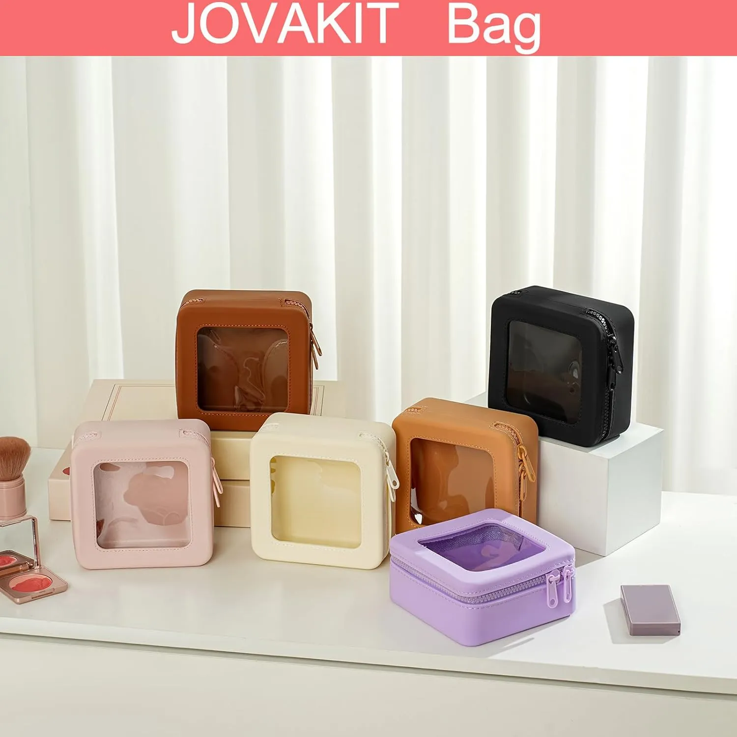 JOVAKIT Clear Makeup Bag Square Portable Silicone Travel Cosmetic Bag for Women, Transparent Toiletry Bags, Gifts for Women Make Up Pouch Car Organizer Case with Zippers for Essentials (Brown)